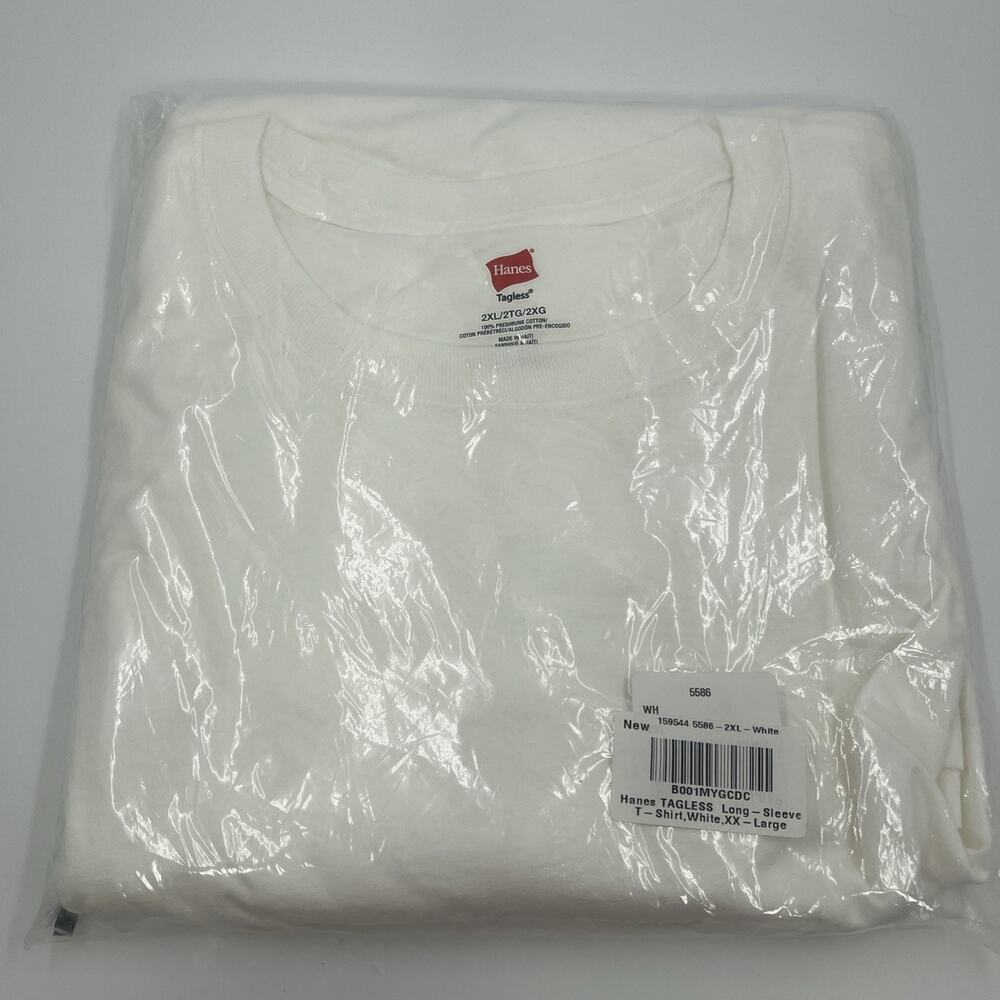 Hanes TAGLESS Long Sleeve T-Shirt 2XL White 5586 New in Original Packaging